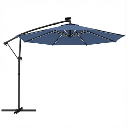 Outsunny 3 m Garden Cantilever Parasol with LED Solar Light, Round Overhanging Umbrella with 360 degrees Rotation, Cover, Navy Blue