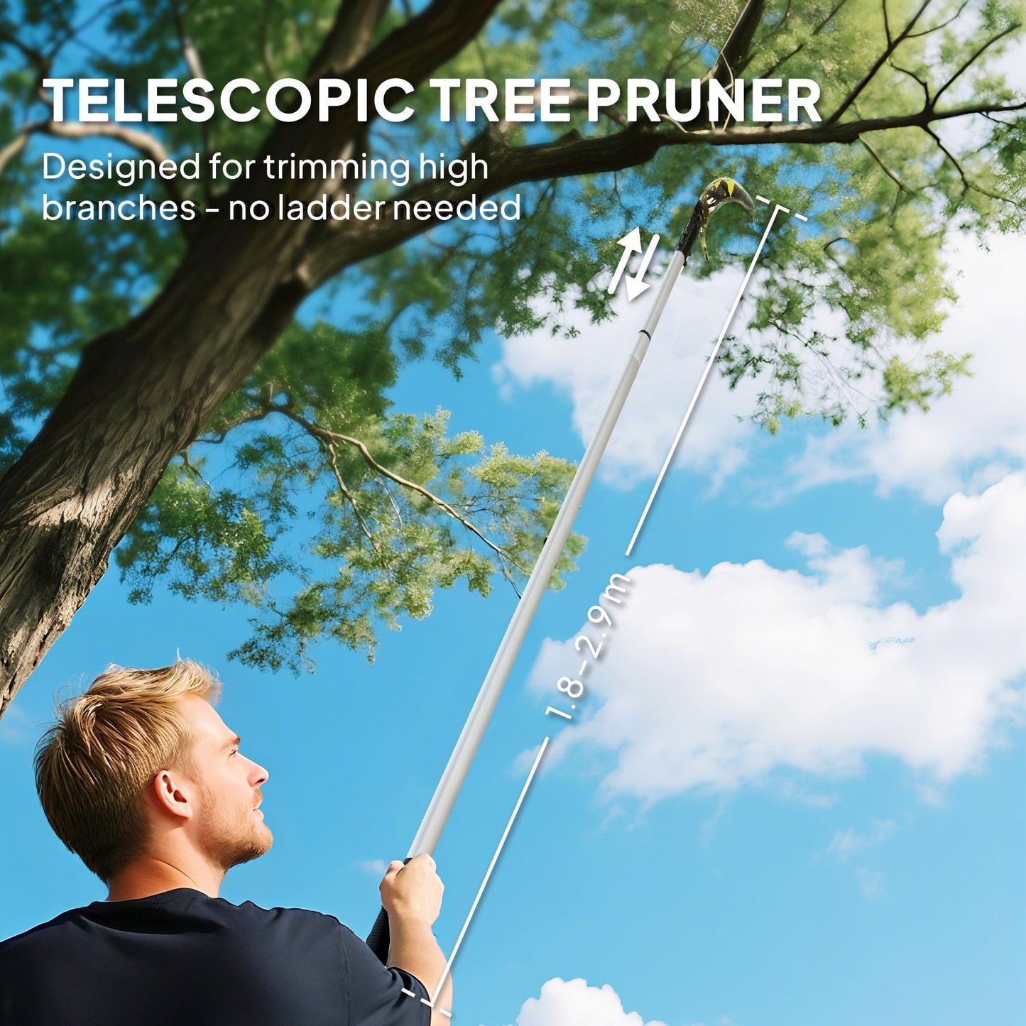 Outsunny Manual Pole Saw, 1.8-2.9 m Extendable Tree Pruner, Tree Lopper Long Reach Telescopic with Extendable Handle & 40 cm Saw for Tree Trimming