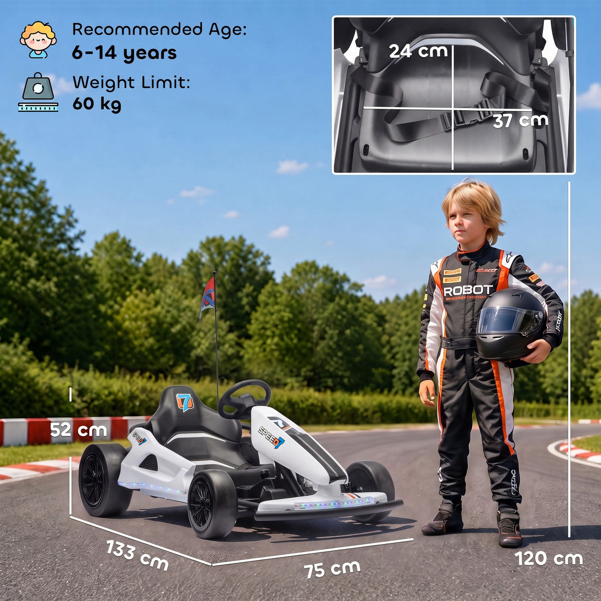 AIYAPLAY 24V Electric Drift Go Kart for Kids with Dual Motors, Soft Start, 12 KM/H High Speed, Headlight, for Ages 6-14, White