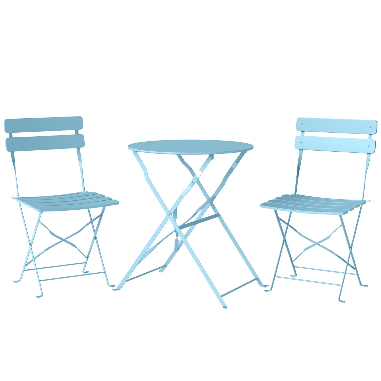Outsunny Folding Garden Bistro Set, Outdoor Round Bistro Table and Chairs Set 2 with Electrophoresis Metal Frame, Light Blue