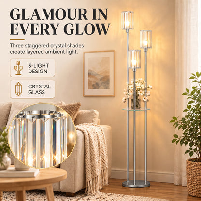 HOMCOM Floor Lamp with Shelves, 3-Light Crystal Standing Lamp with Glass Shades and Foot Switch, Bulbs Not Included, Chrome