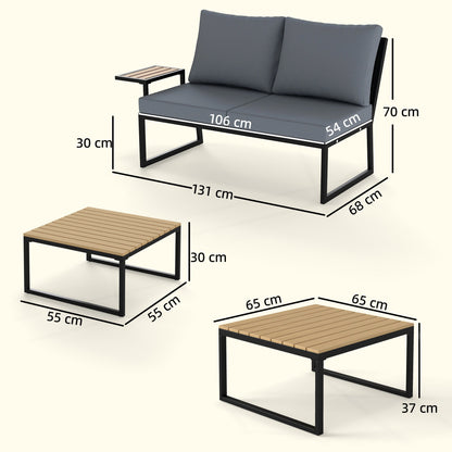 Outsunny 4 Seater Metal Garden Furniture Set, Corner Garden Sofa Set with 2 Loveseats, 2 Nesting Tables, Arm Side Trays, Teak