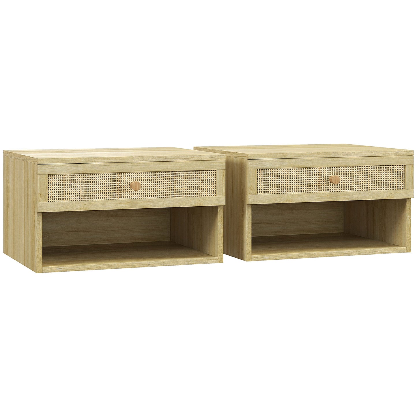 HOMCOM Set of Two Rattan Panel Floating Bedside Tables - Wood-Effect