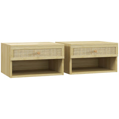HOMCOM Set of Two Rattan Panel Floating Bedside Tables - Wood-Effect