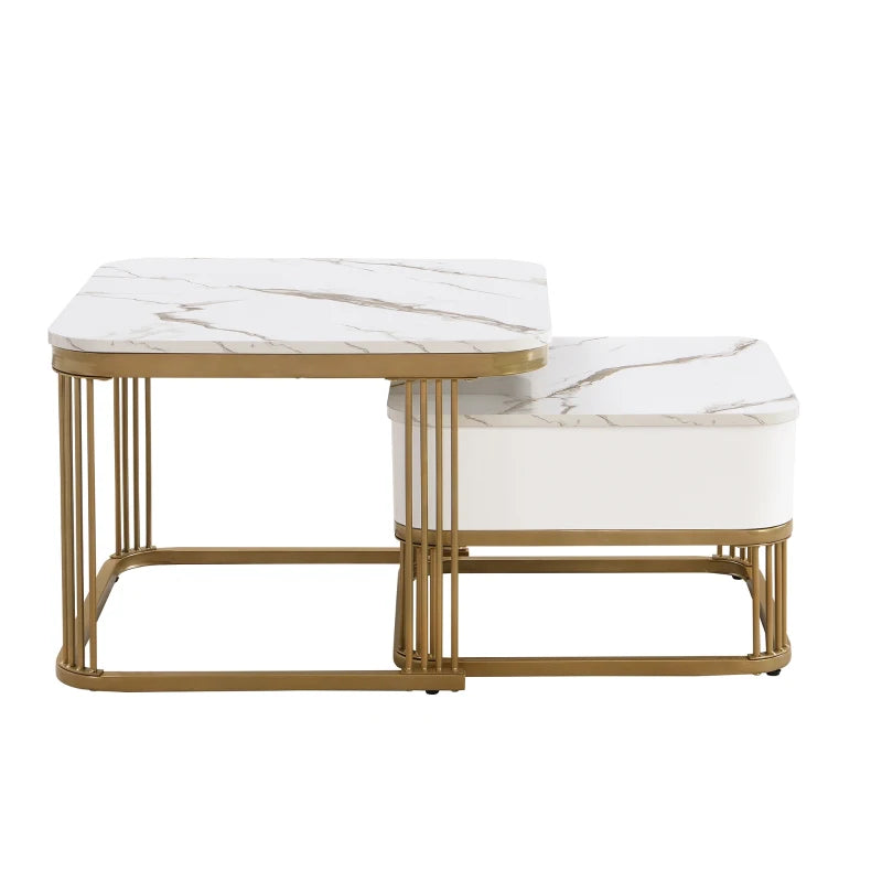 Nestable Coffee Table Set of Two with High Gloss Marble Top, Gold Accents, and Drawer, Perfect Side Tables for Living Room, 60x60x45 cm + 50x50x34 cm, White