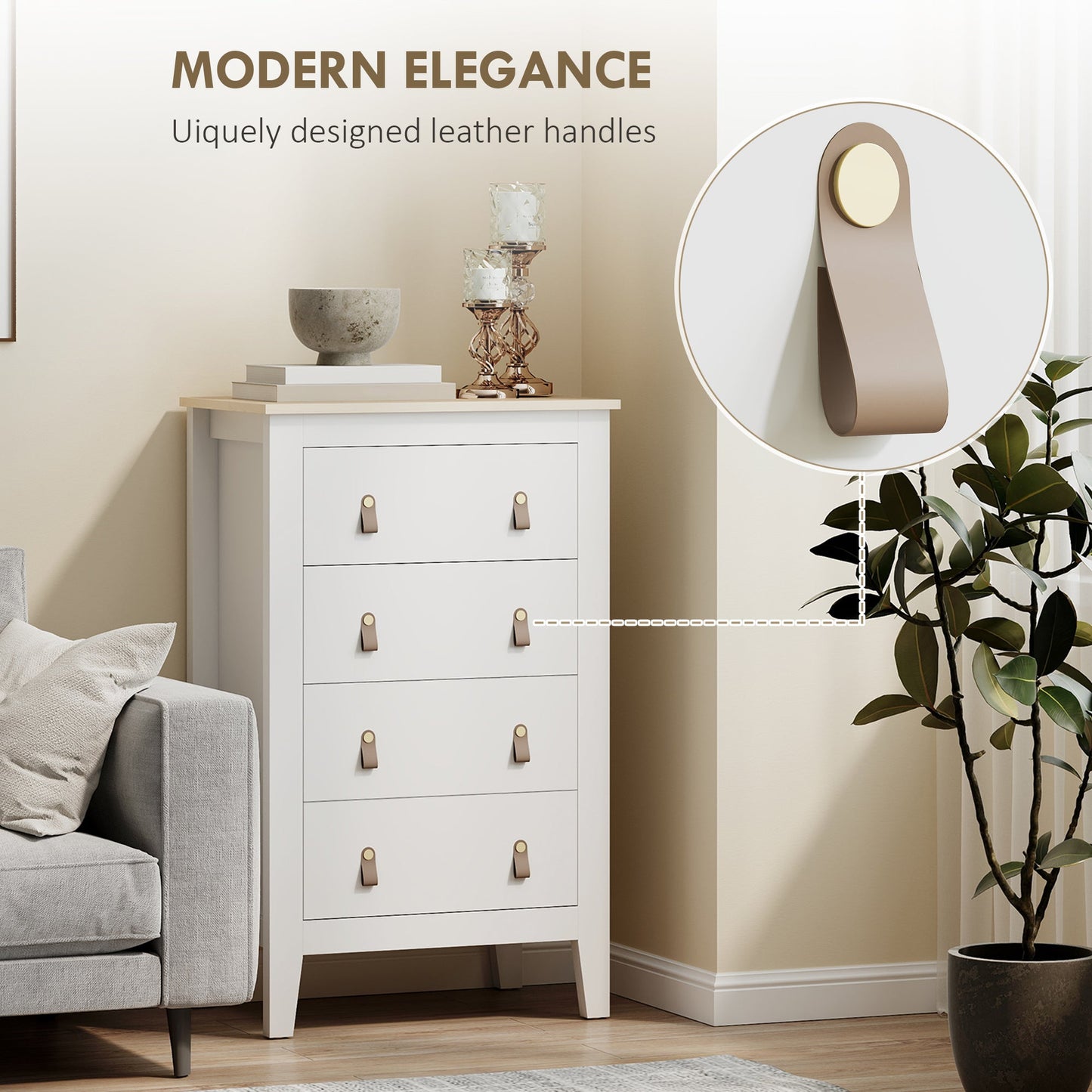 HOMCOM Bedroom Chest of Drawers, Modern 4 Drawer Dresser Cabinet with PU Leather Handles and Metal Runners for Living Room, Hallway, Entryway, White