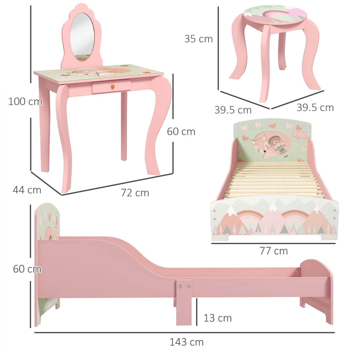 ZONEKIZ Toddler Bed Frame, Kids Dressing Table with Mirror and Stool, Cute Animal Design Kids Bedroom Furniture Set for Ages 3-6 Years, Pink