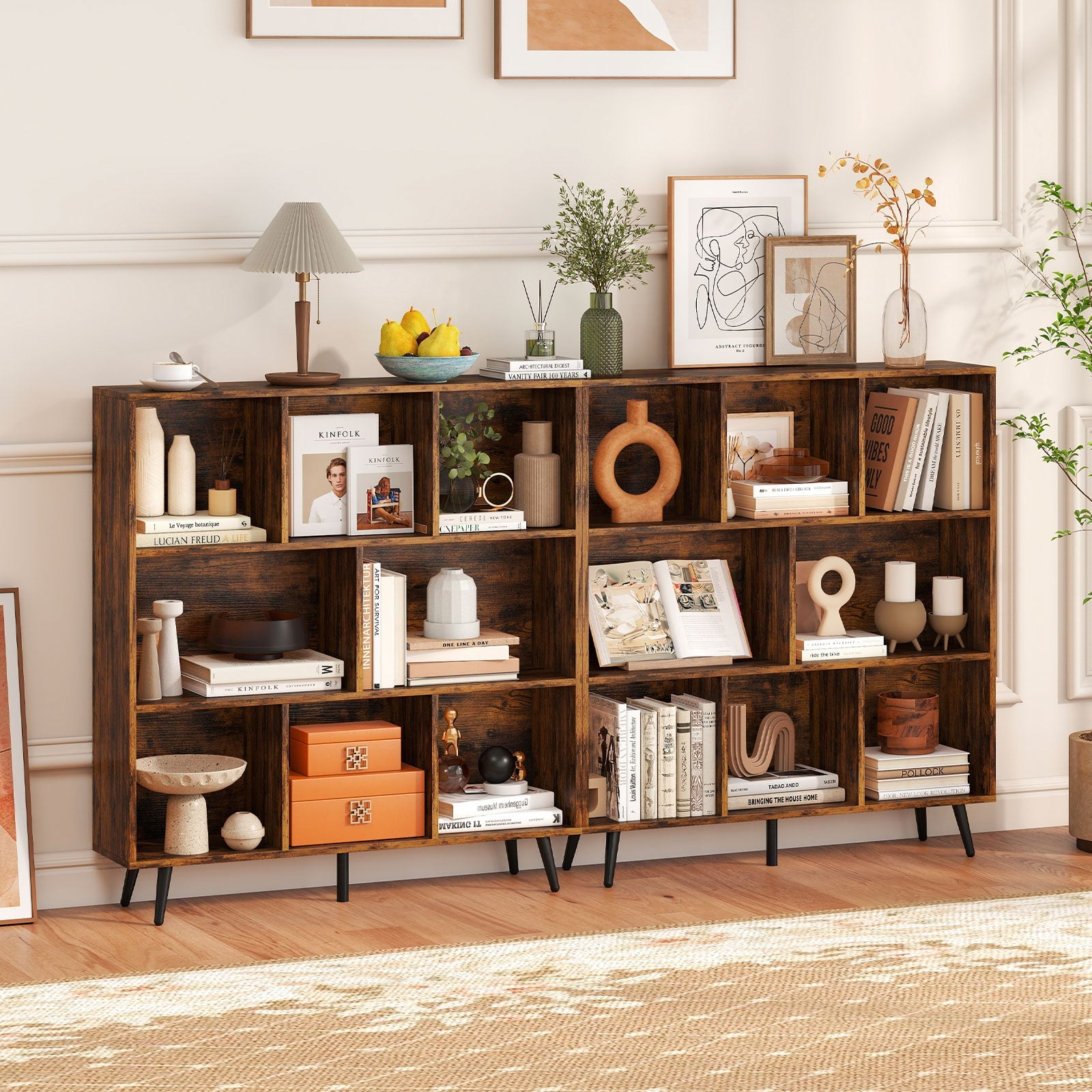 8-Cube Mid Century Modern Bookcase with 5 Tapered Metal Legs-Coffee