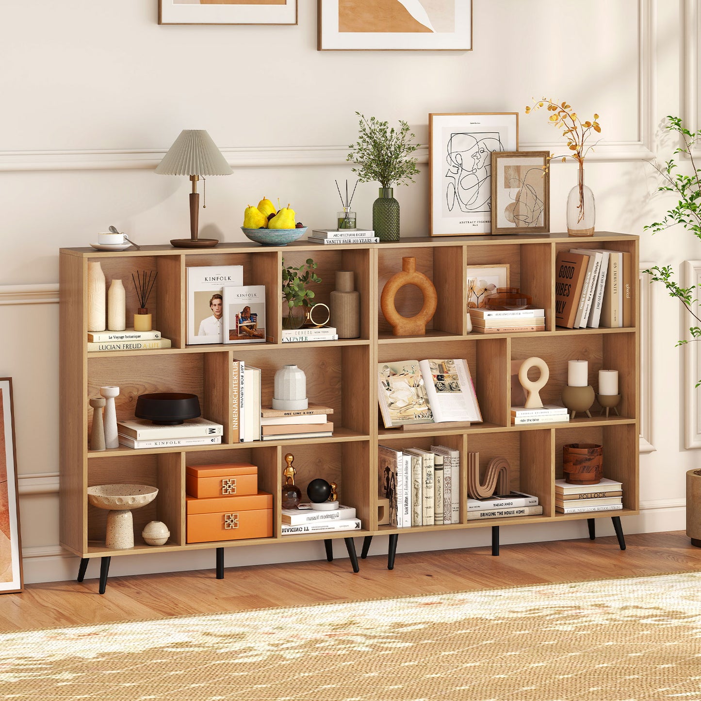8-Cube Mid Century Modern Bookcase with 5 Tapered Metal Legs-Natural