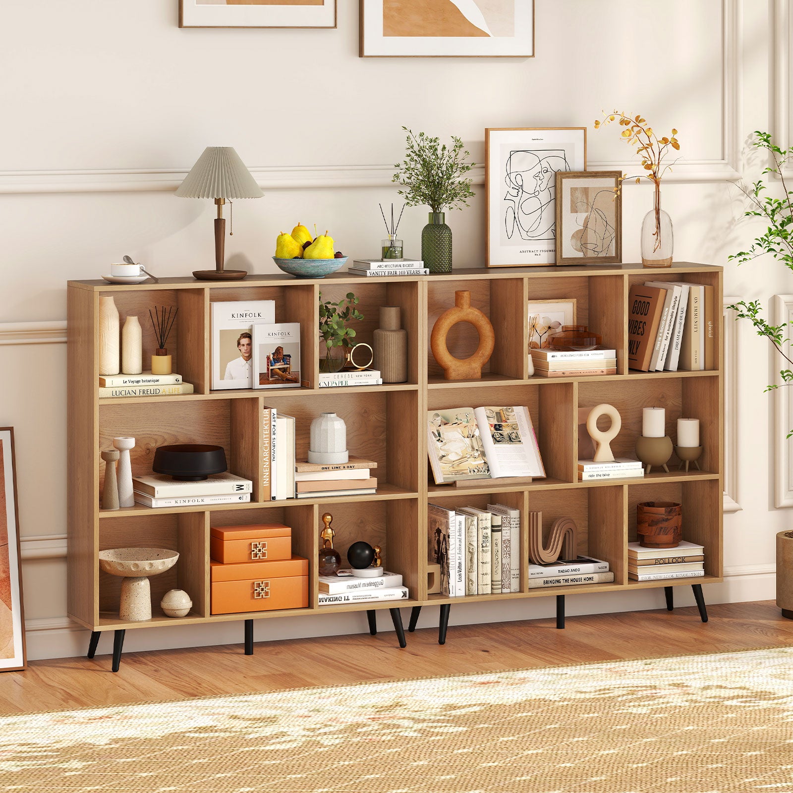 8-Cube Mid Century Modern Bookcase with 5 Tapered Metal Legs-Natural