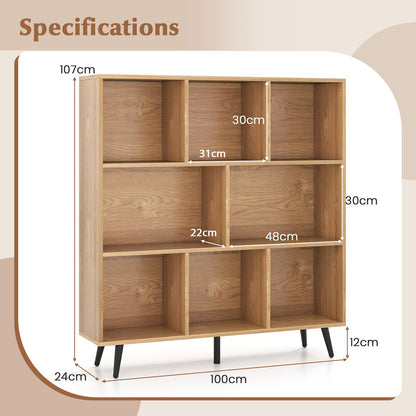 8-Cube Mid Century Modern Bookcase with 5 Tapered Metal Legs-Natural
