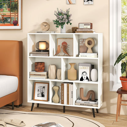 8-Cube Mid Century Modern Bookcase with 5 Tapered Metal Legs-White