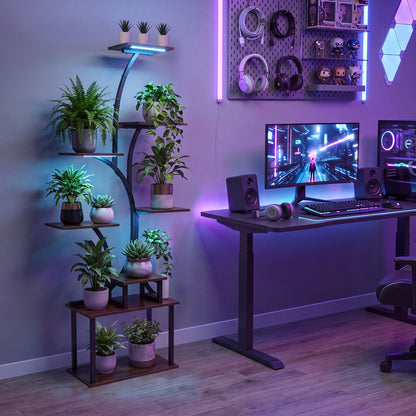 8-Tier Morden Style Plant Stand with Ambient LED Lights-Rustic Brown