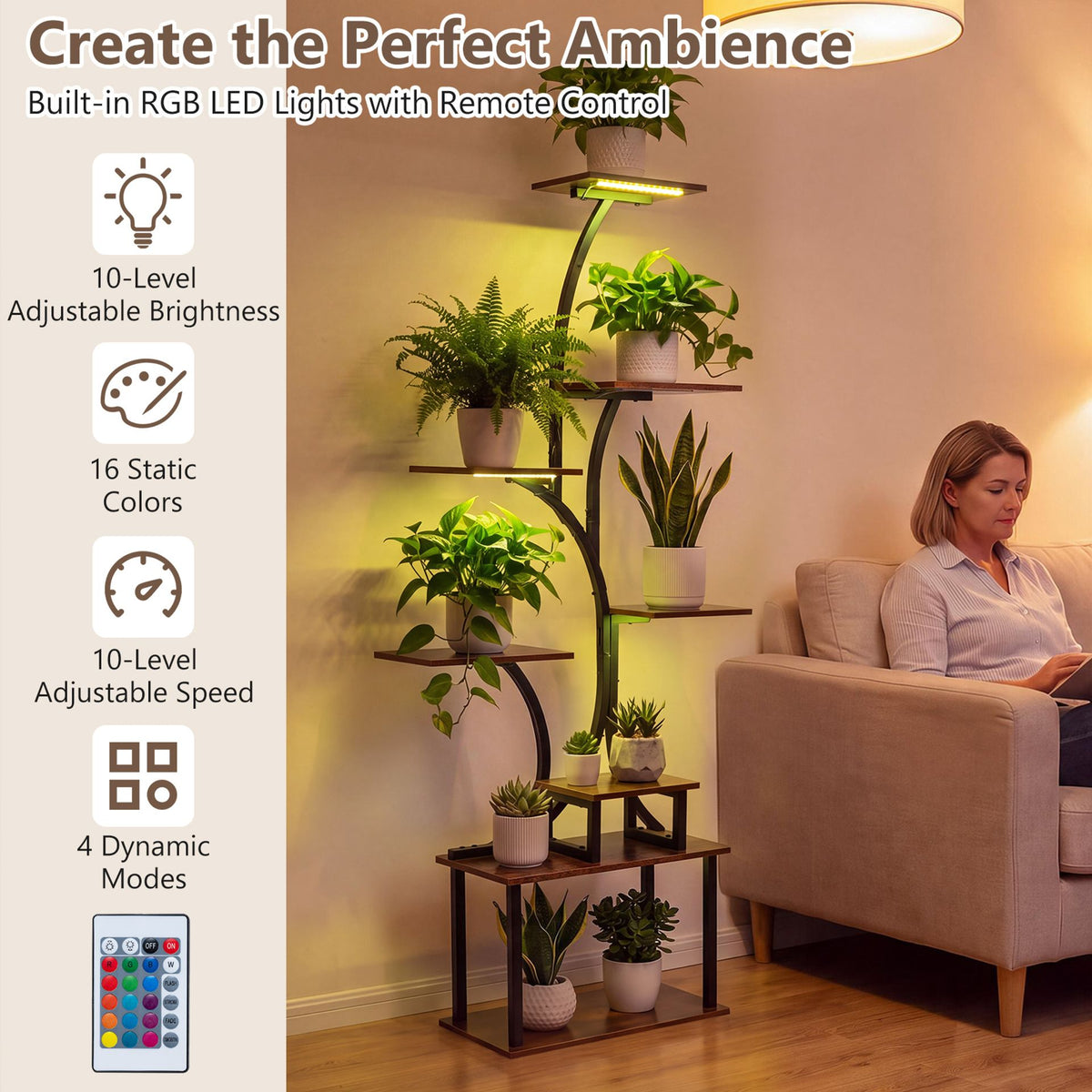 8-Tier Morden Style Plant Stand with Ambient LED Lights Set of 2-Rustic Brown