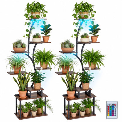 8-Tier Morden Style Plant Stand with Ambient LED Lights Set of 2-Rustic Brown