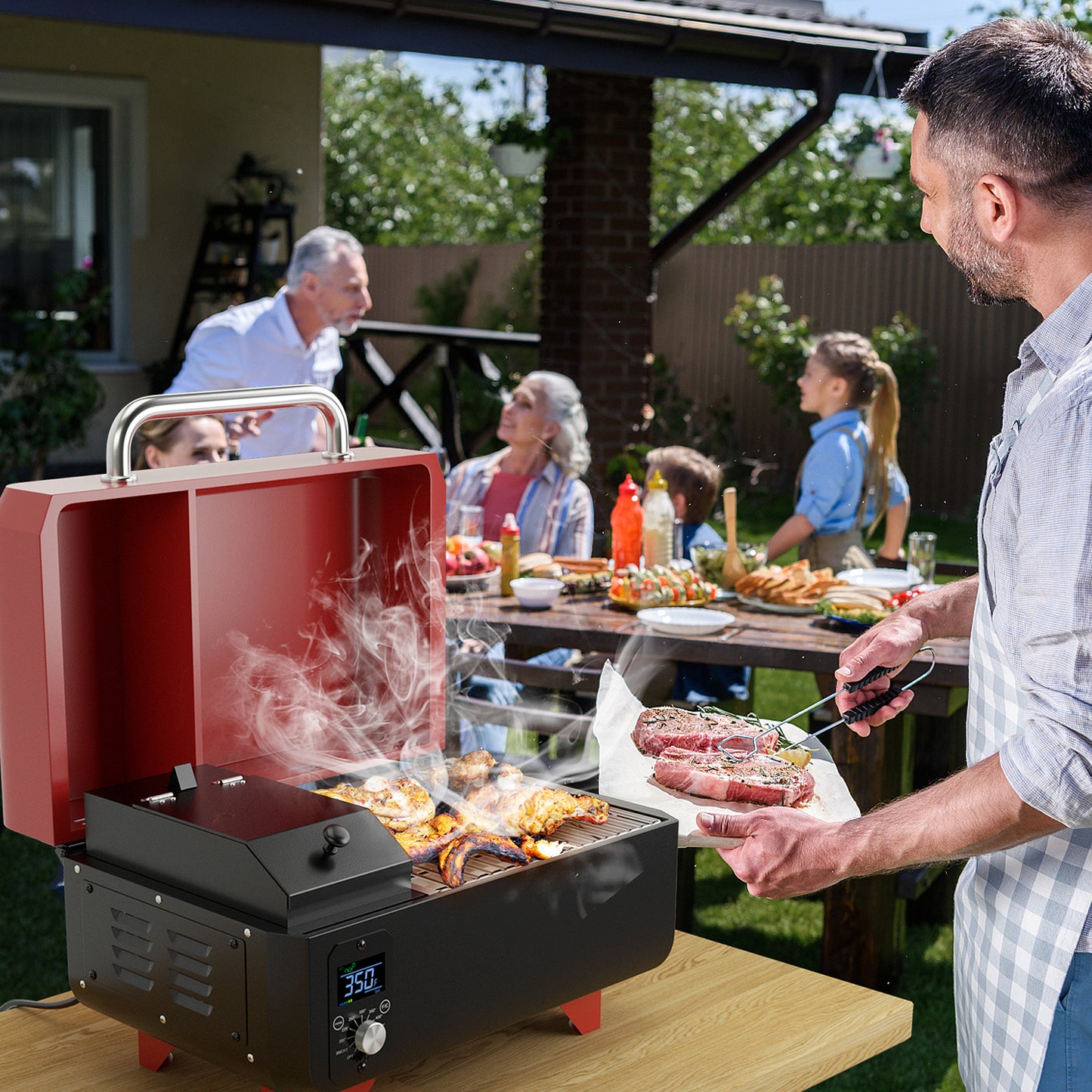 8-in-1 Portable Pellet Grill with Digital Control and Meat Probe for Backyard-Red