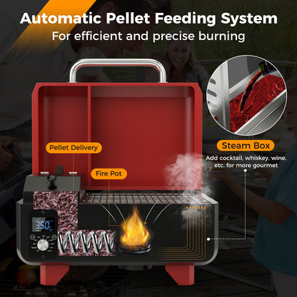 8-in-1 Portable Pellet Grill with Digital Control and Meat Probe for Backyard-Red