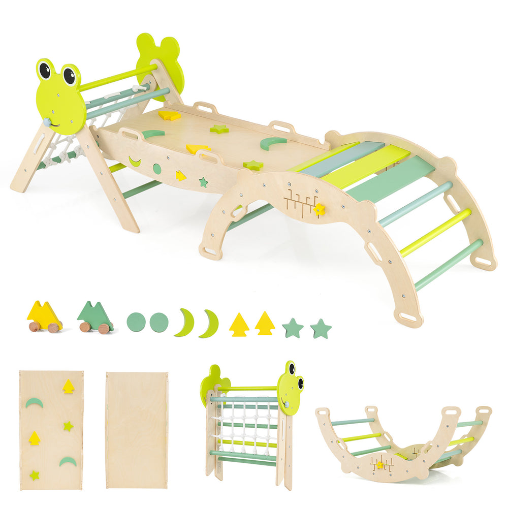8-in-1 Toddler Wooden Triangle Set with Arch Climber and Foldable Rope Triangle-Green