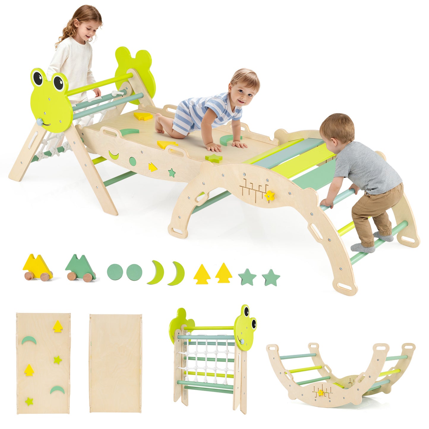 8-in-1 Toddler Wooden Triangle Set with Arch Climber and Foldable Rope Triangle-Green