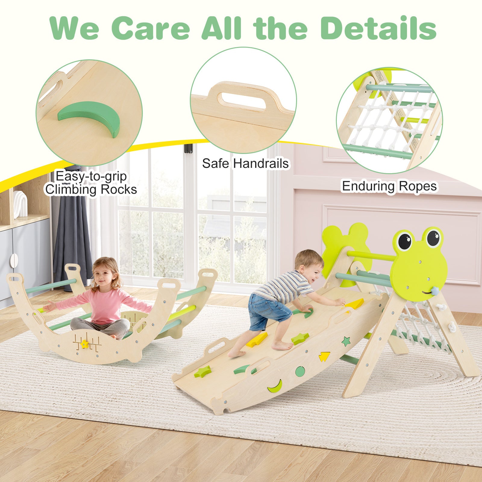 8-in-1 Toddler Wooden Triangle Set with Arch Climber and Foldable Rope Triangle-Green