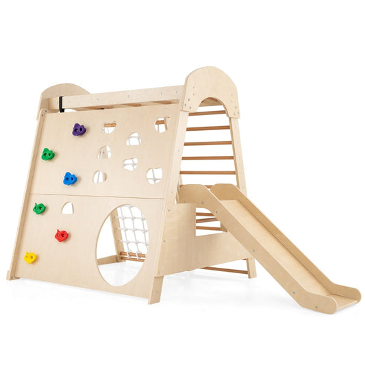 8-in-1 Indoor Jungle Gym Wooden Playground with Climbing Wall-Natural