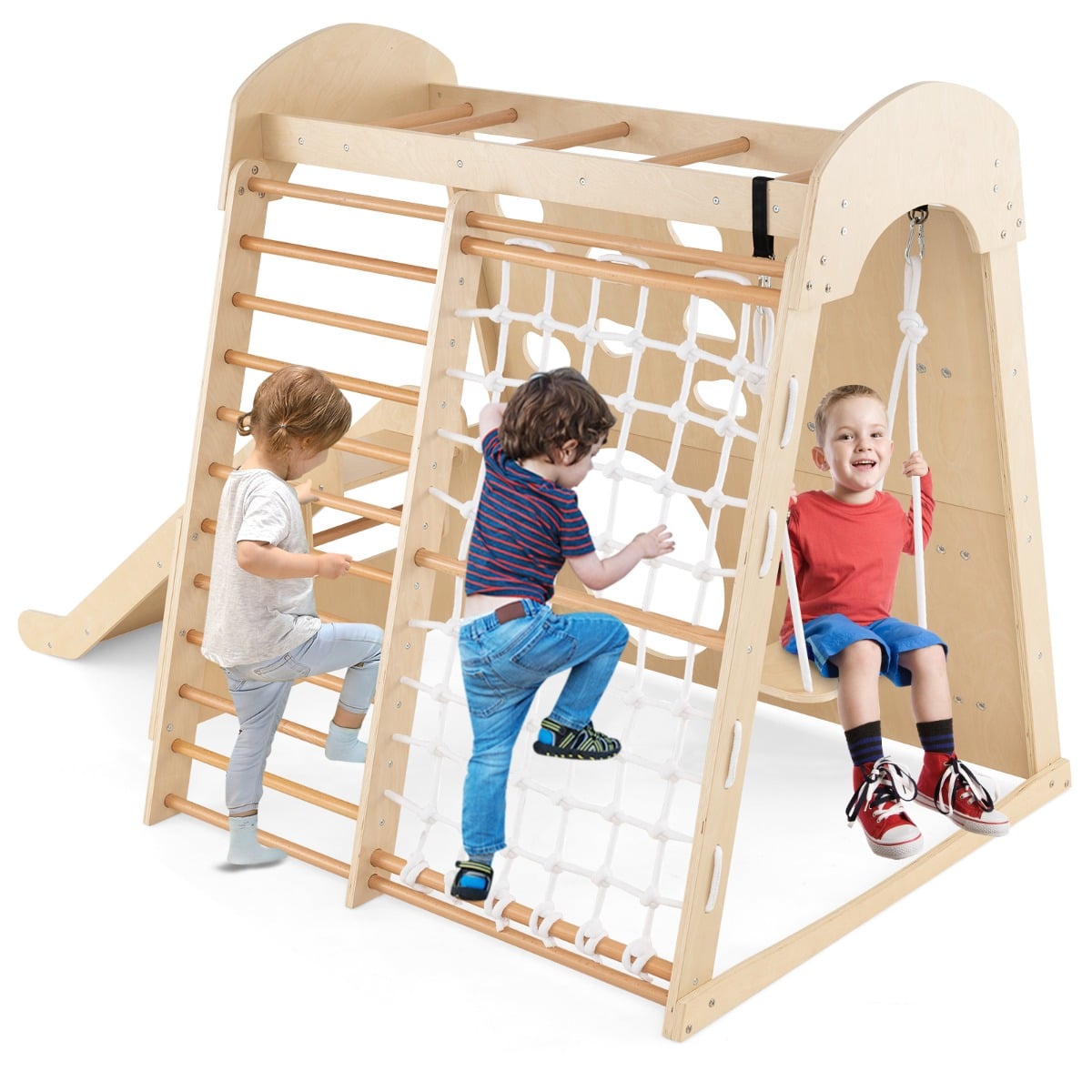 8-in-1 Indoor Jungle Gym Wooden Playground with Climbing Wall-Natural