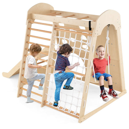 8-in-1 Indoor Jungle Gym Wooden Playground with Climbing Wall-Natural