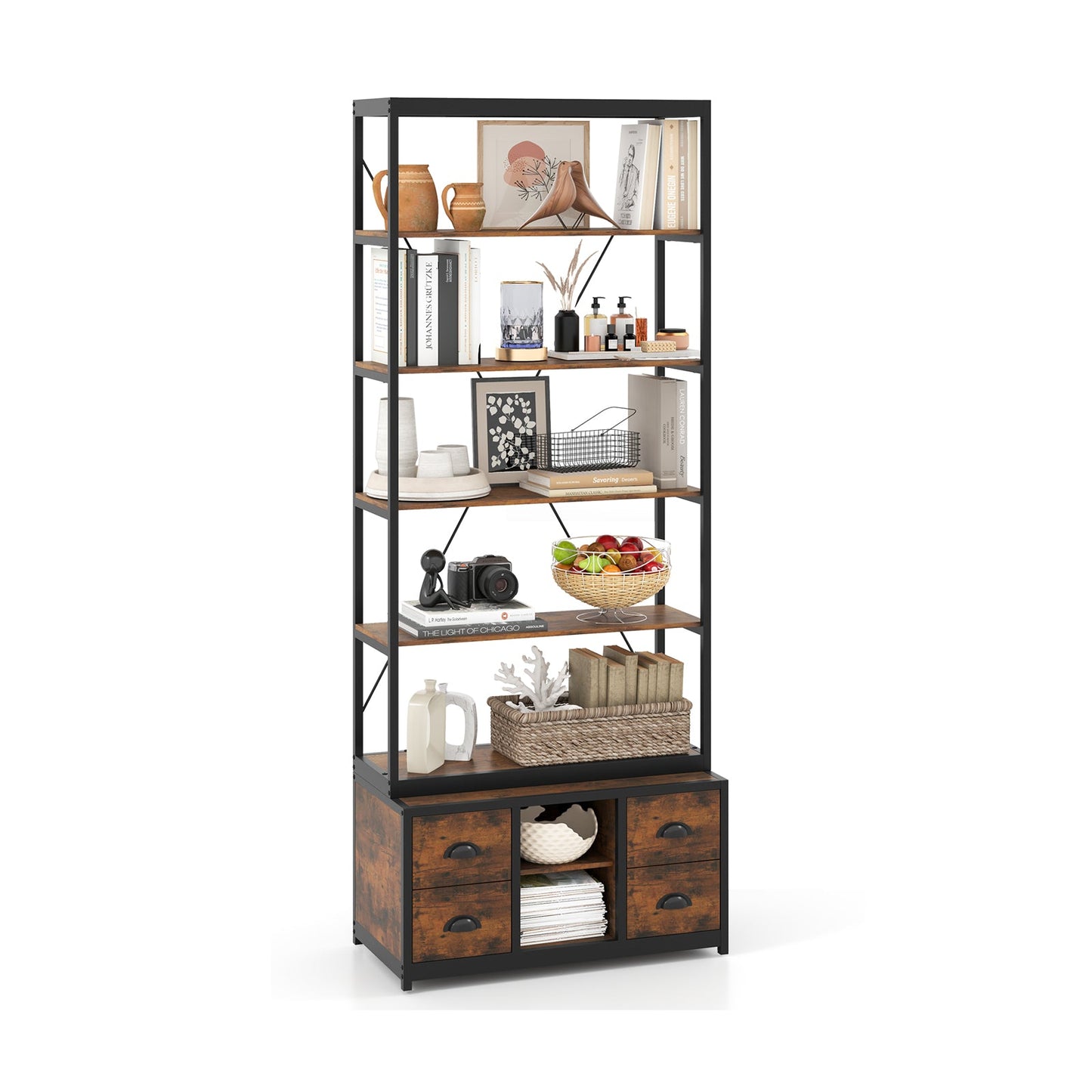 8-tier Bookshelf with 4 Fabric Drawers  and Heavy-duty Metal Frame-Coffee