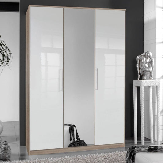 Daniel 3 Door Wardrobe with Single Mirror - White Gloss And Oak Effect