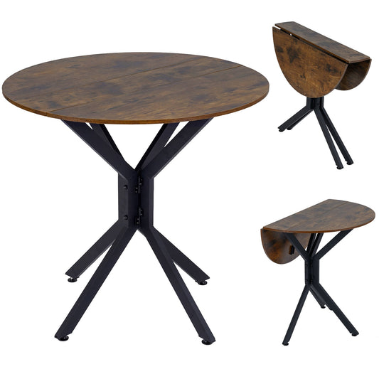 80 CM Round Dining Table for 2-4 People Drop Leaf Expandable Kitchen Table-Rustic Brown