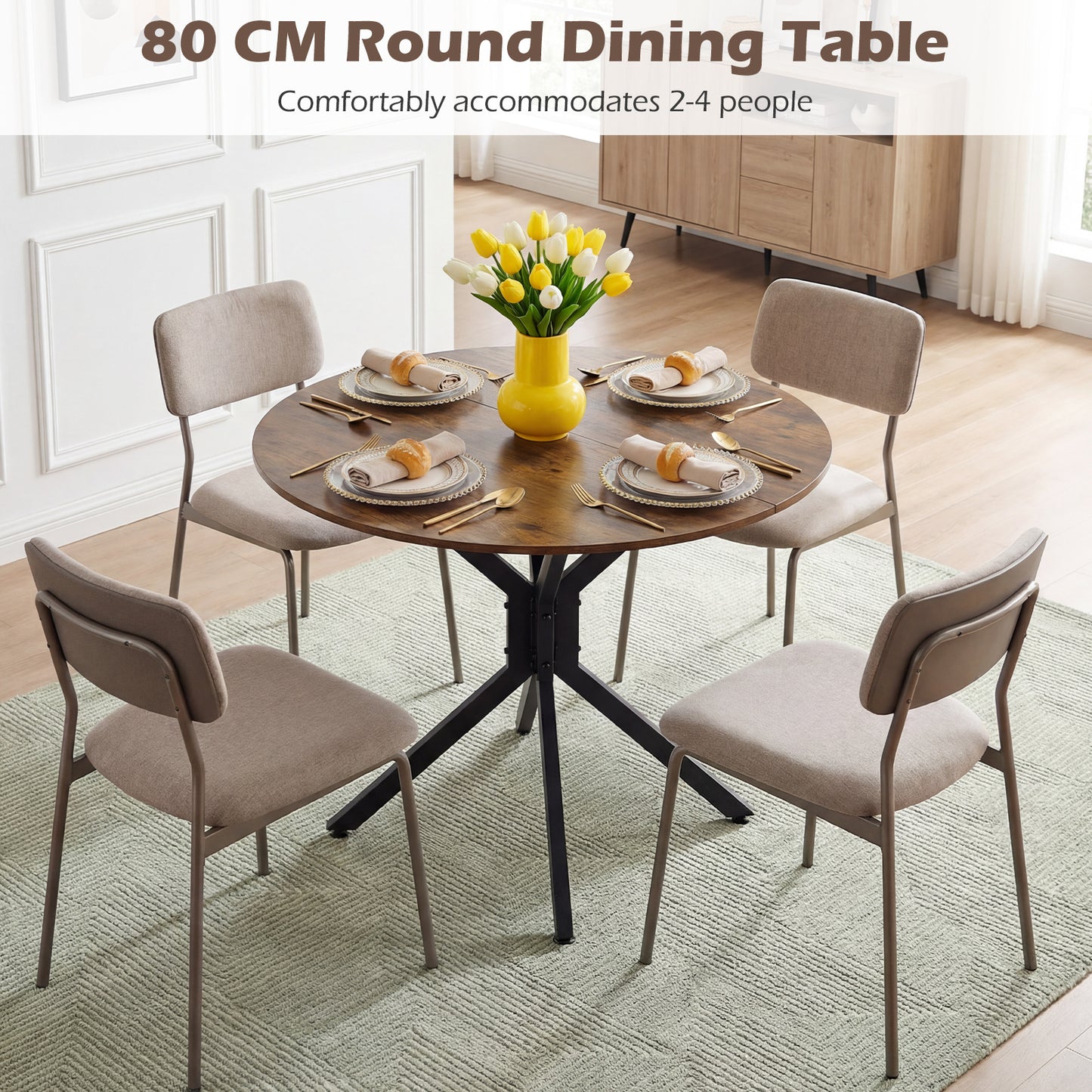 80 CM Round Dining Table for 2-4 People Drop Leaf Expandable Kitchen Table-Rustic Brown