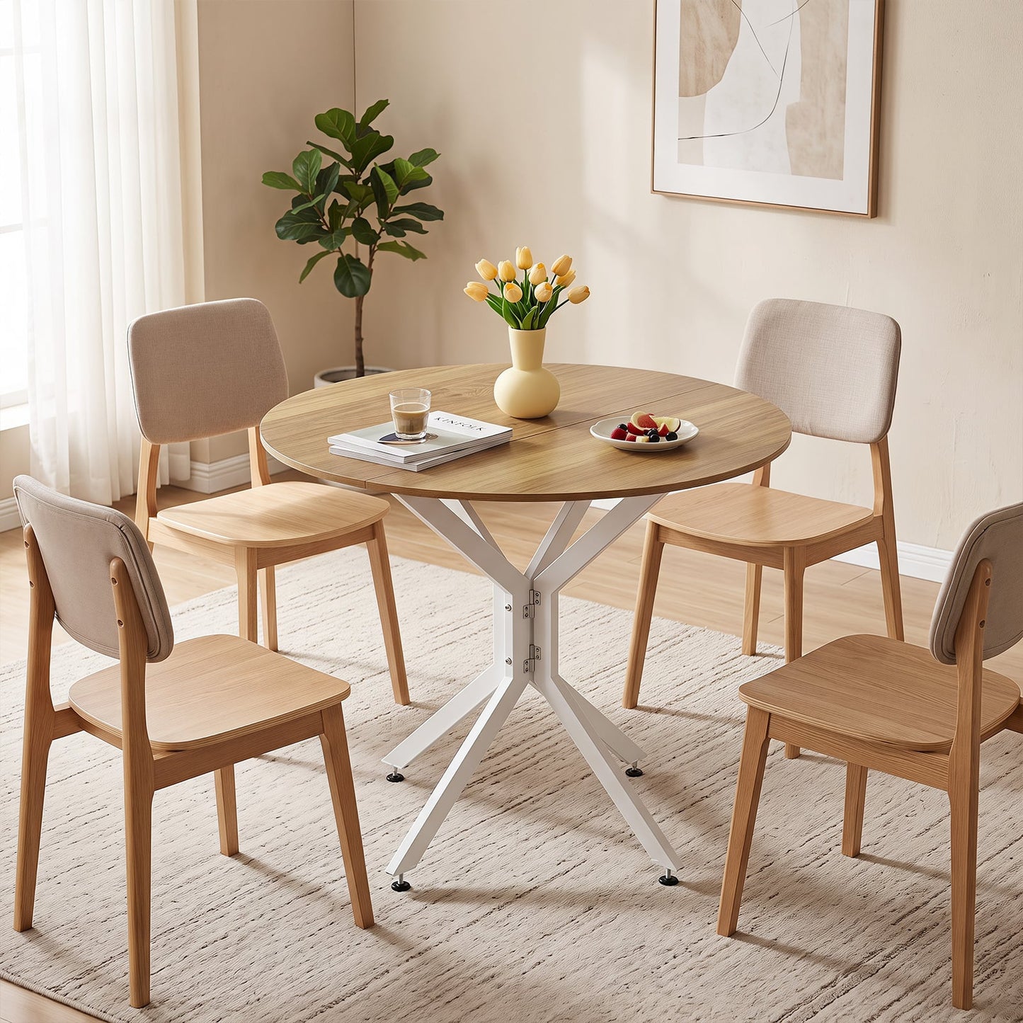 80 CM Round Dining Table for 2-4 People Drop Leaf Expandable Kitchen Table-White