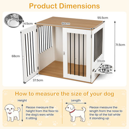 80 cm Indoor Wooden Dog Kennel with Double Lock Doors and 360° Rotating Feeder-White