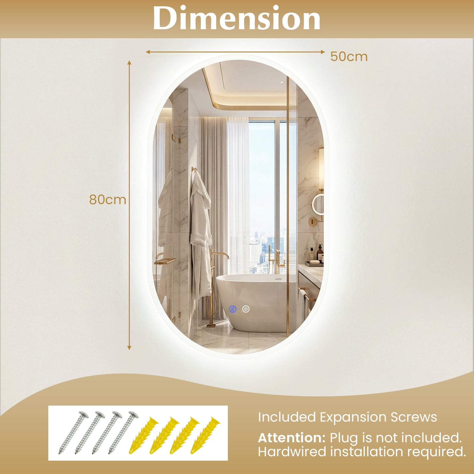 80 x 50 CM Lighted Mirror for Bathroom Wall Backlit Shatterproof Mirror