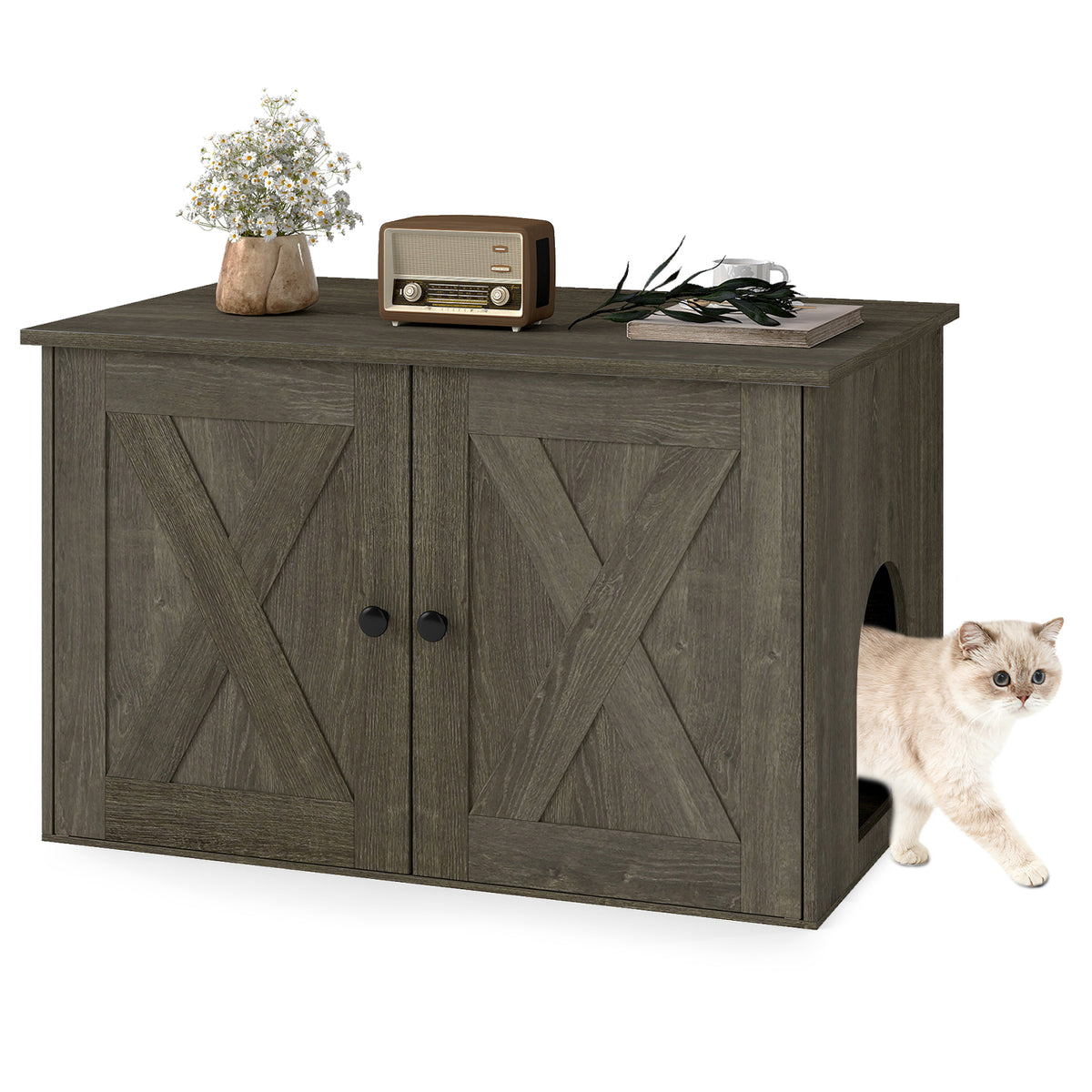 80 x 53 x 50 cm Indoor Wooden Cat House with Double Doors-Oak