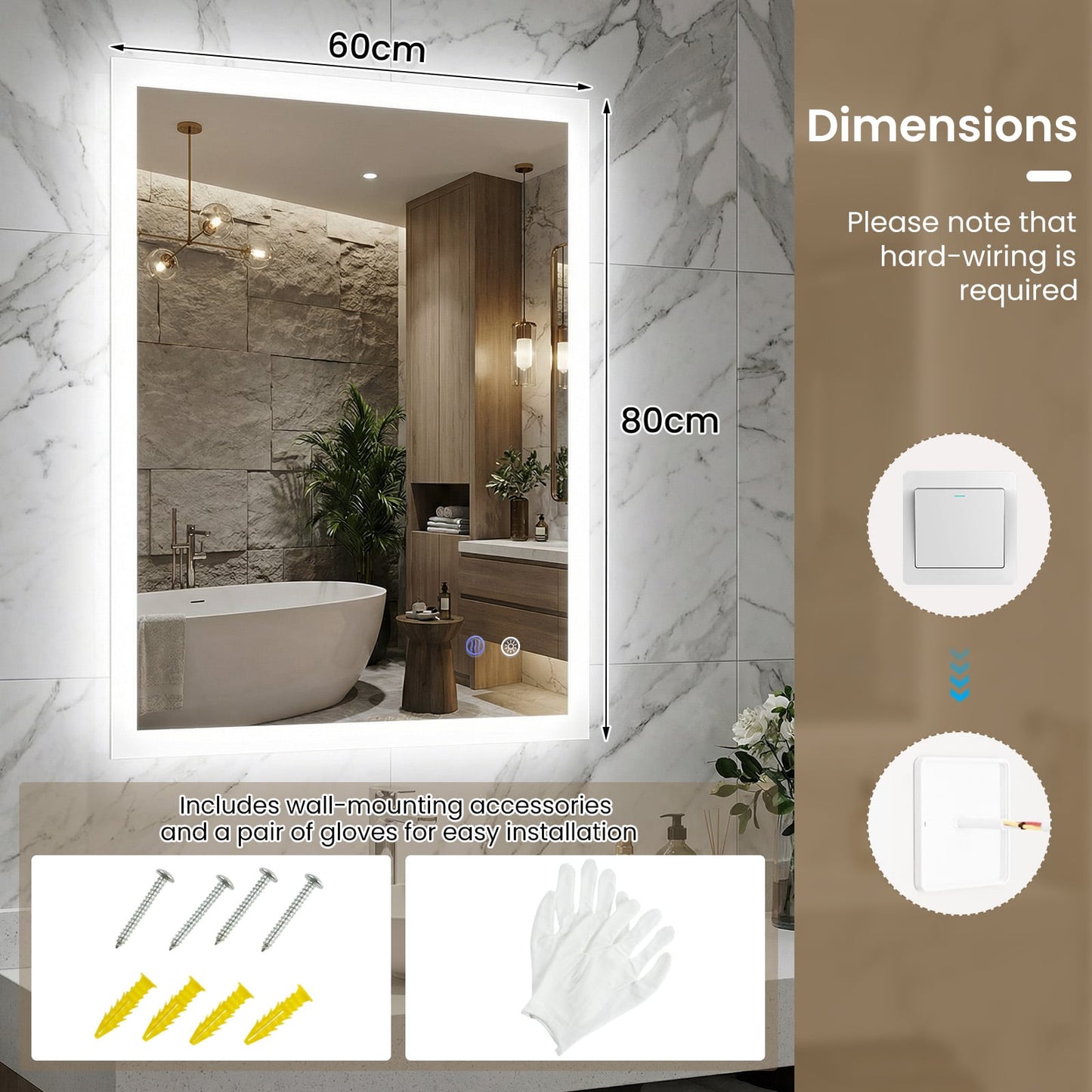 80 x 60 CM Rectangular Wall Vanity LED Bathroom Mirror with Anti-fog