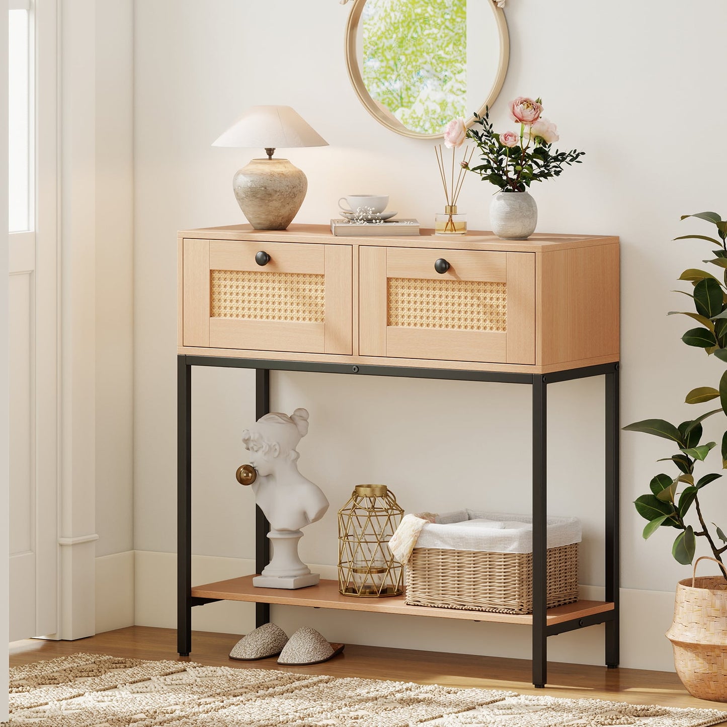 80 CM Boho Console Table with 2 Drawers and Bottom Shelf-Natural