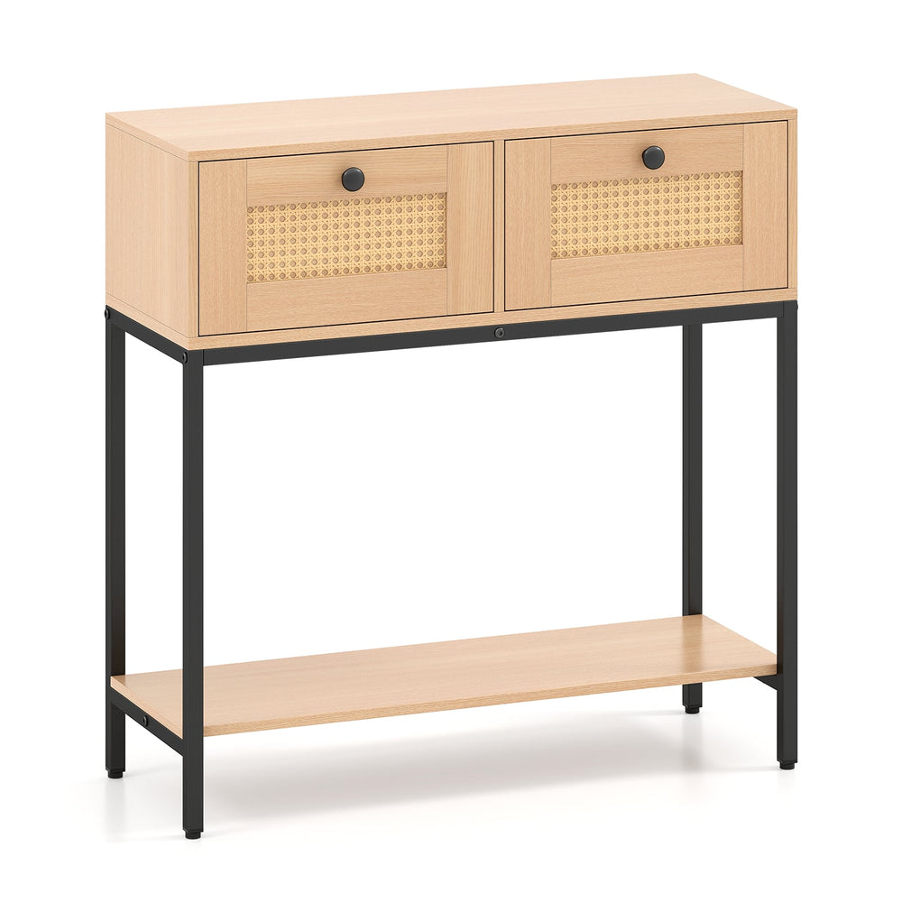 80 CM Boho Console Table with 2 Drawers and Bottom Shelf-Natural