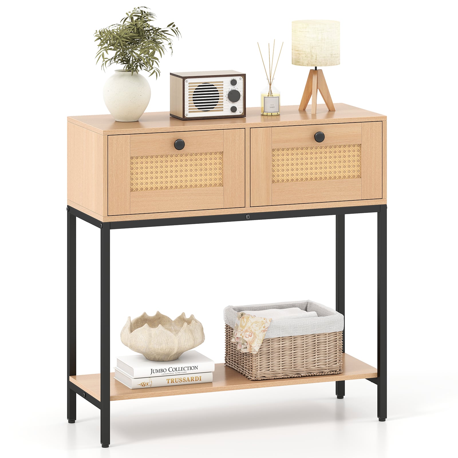 80 CM Boho Console Table with 2 Drawers and Bottom Shelf-Natural