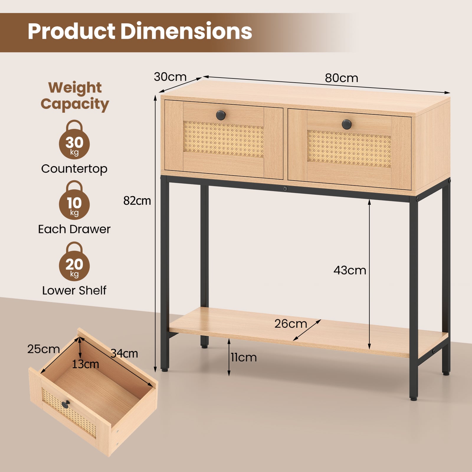 80 CM Boho Console Table with 2 Drawers and Bottom Shelf-Natural