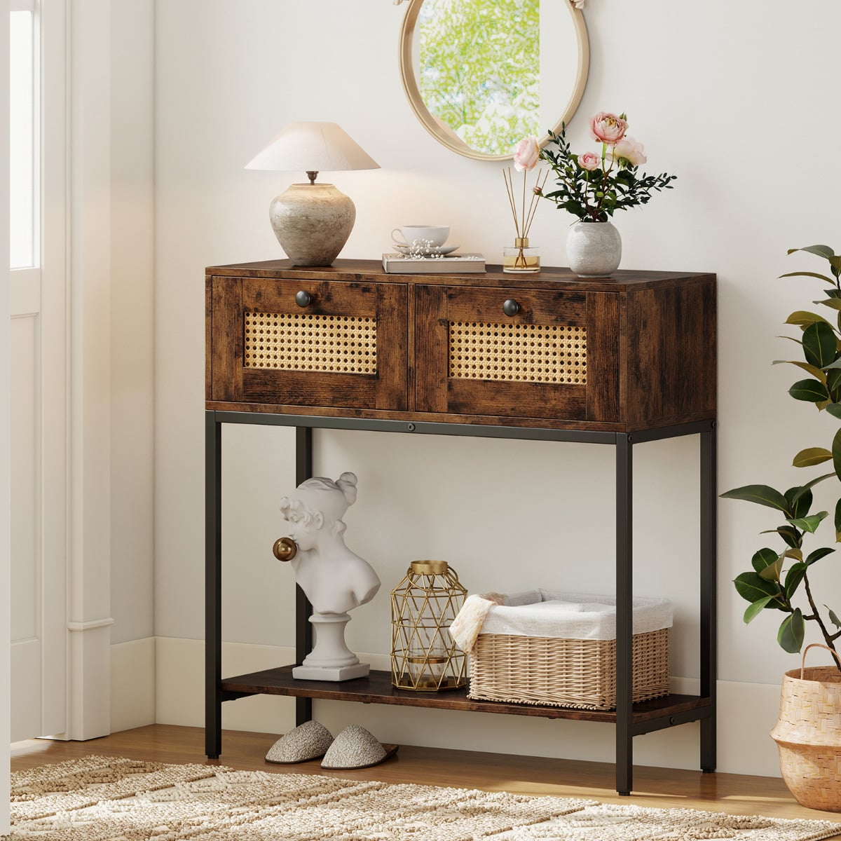 80 CM Boho Console Table with 2 Drawers and Bottom Shelf-Rustic Brown