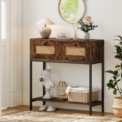 80 CM Boho Console Table with 2 Drawers and Bottom Shelf-Rustic Brown