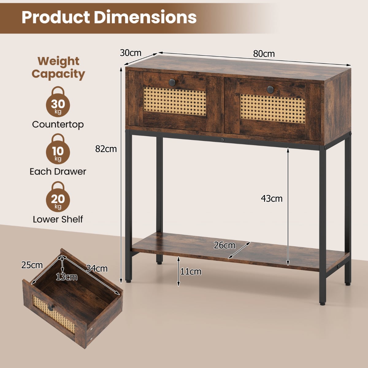 80 CM Boho Console Table with 2 Drawers and Bottom Shelf-Rustic Brown