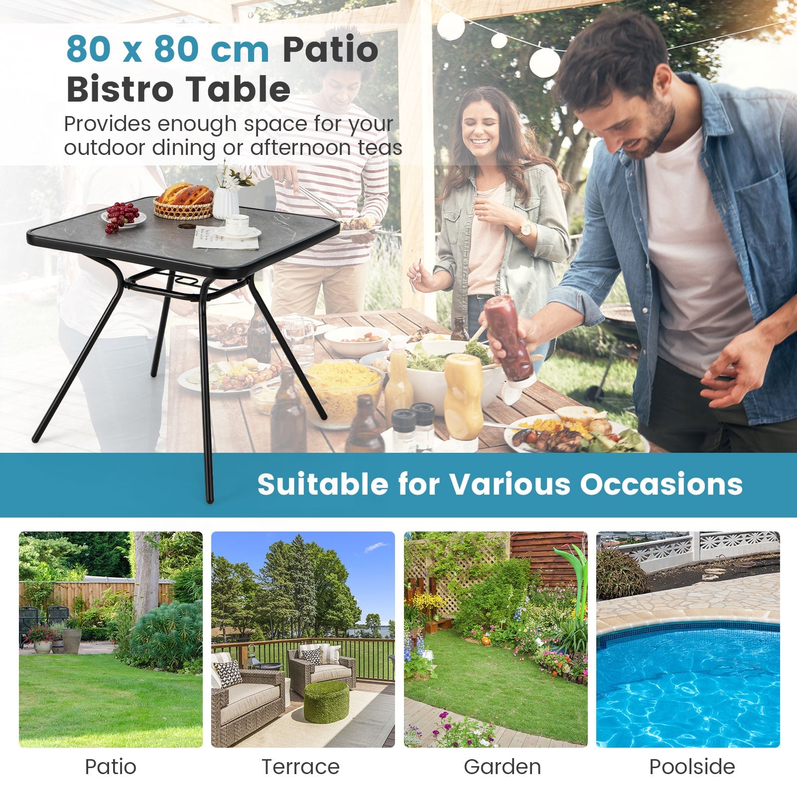 80 x 80 cm Patio Dining Table for 4 Persons with Faux Marble Top-Grey