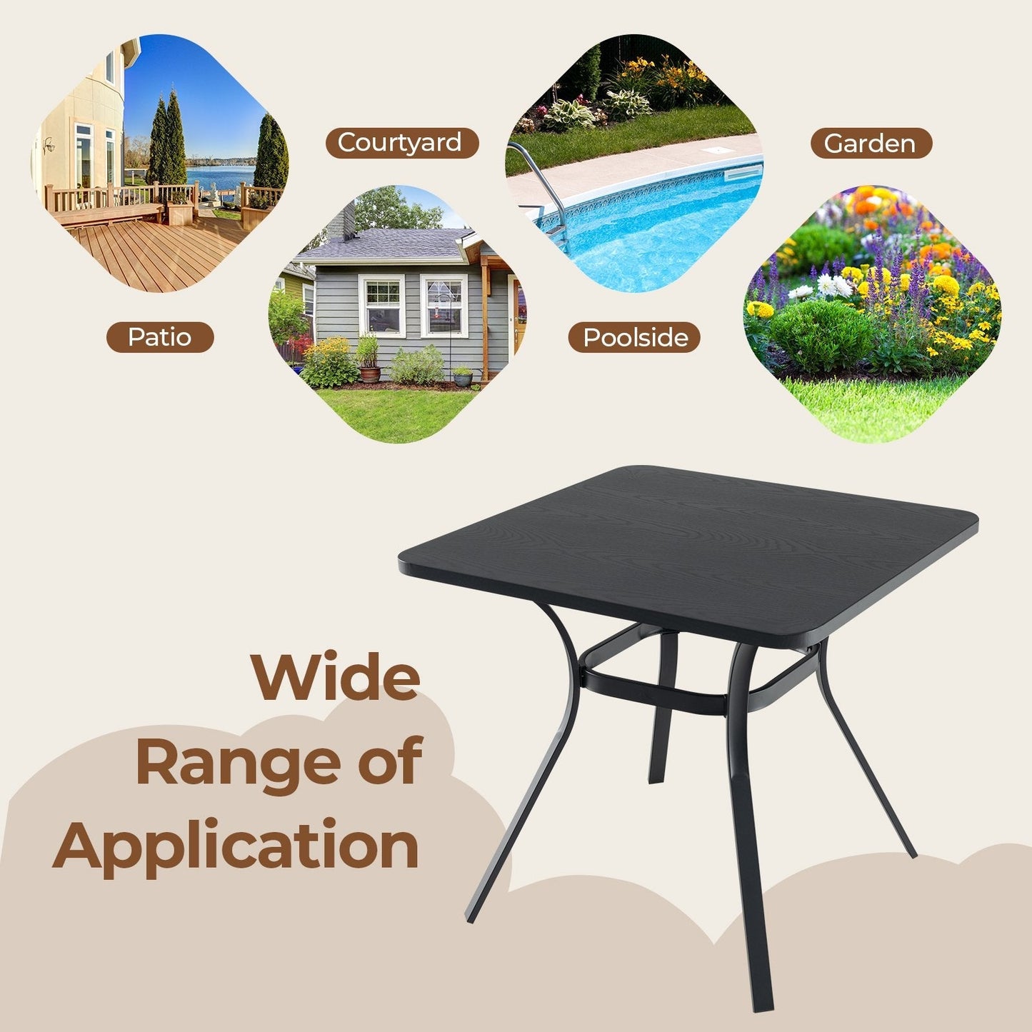 80cm Patio Metal Square Table for Dining with 4 Curved Legs-Grey