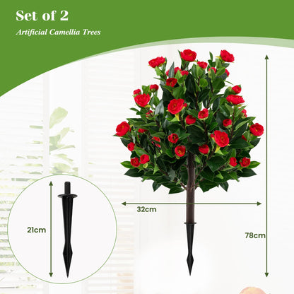 80cm Artificial Camellia Tree Set of 2 with Ground Spikes-Green-Set of 2