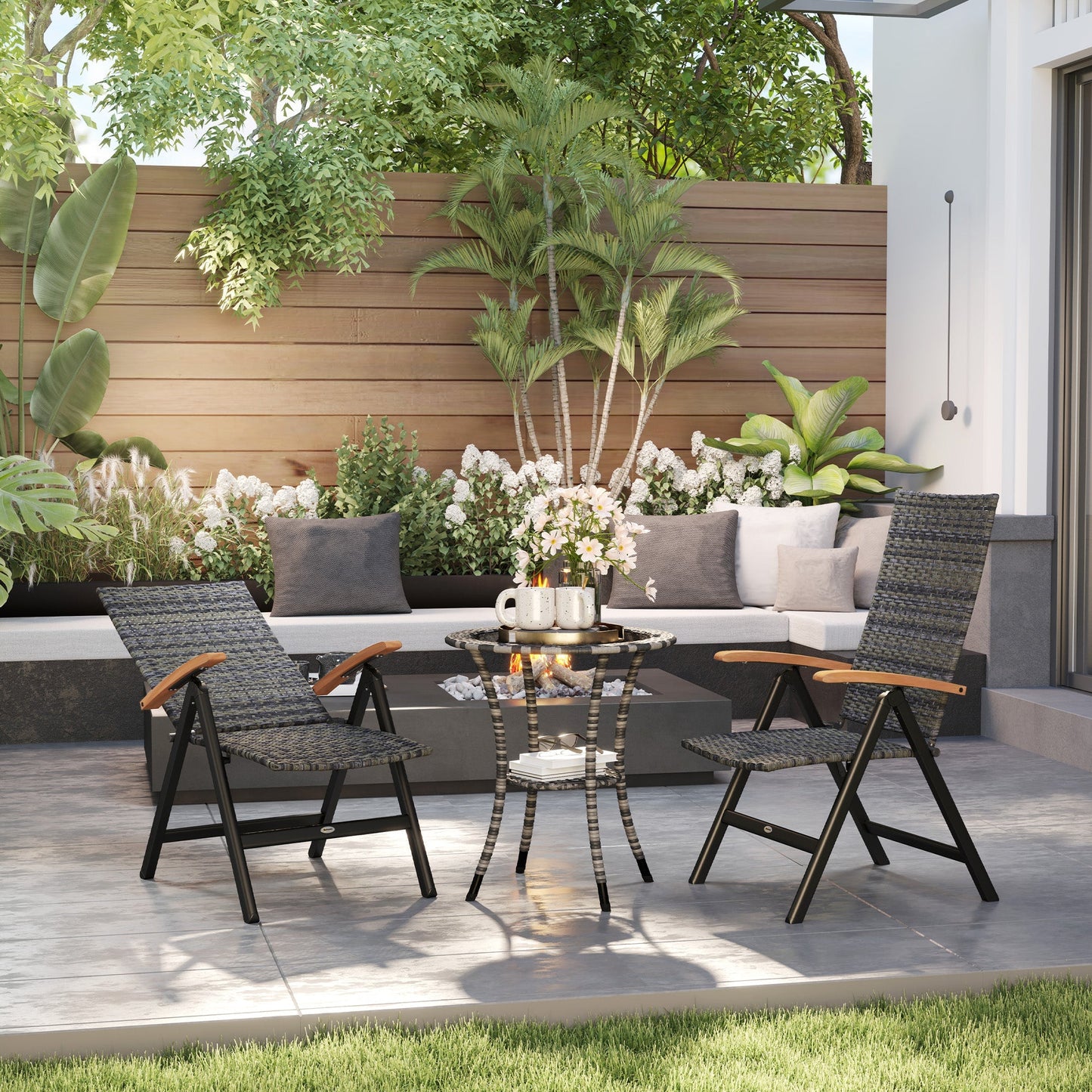 Outsunny 2 Pieces Folding Rattan Garden Dining Chairs with 5-level Reclining High Back, Wood Armrests for Outdoor - Mixed-grey