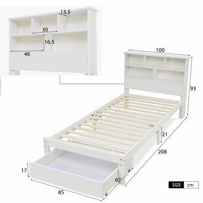 Single Wooden Storage Bed with Built-in Shelves and Underbed Drawer, Pinewood and MDF, for Adults, Kids, Teenagers, 208x100x93 cm, White