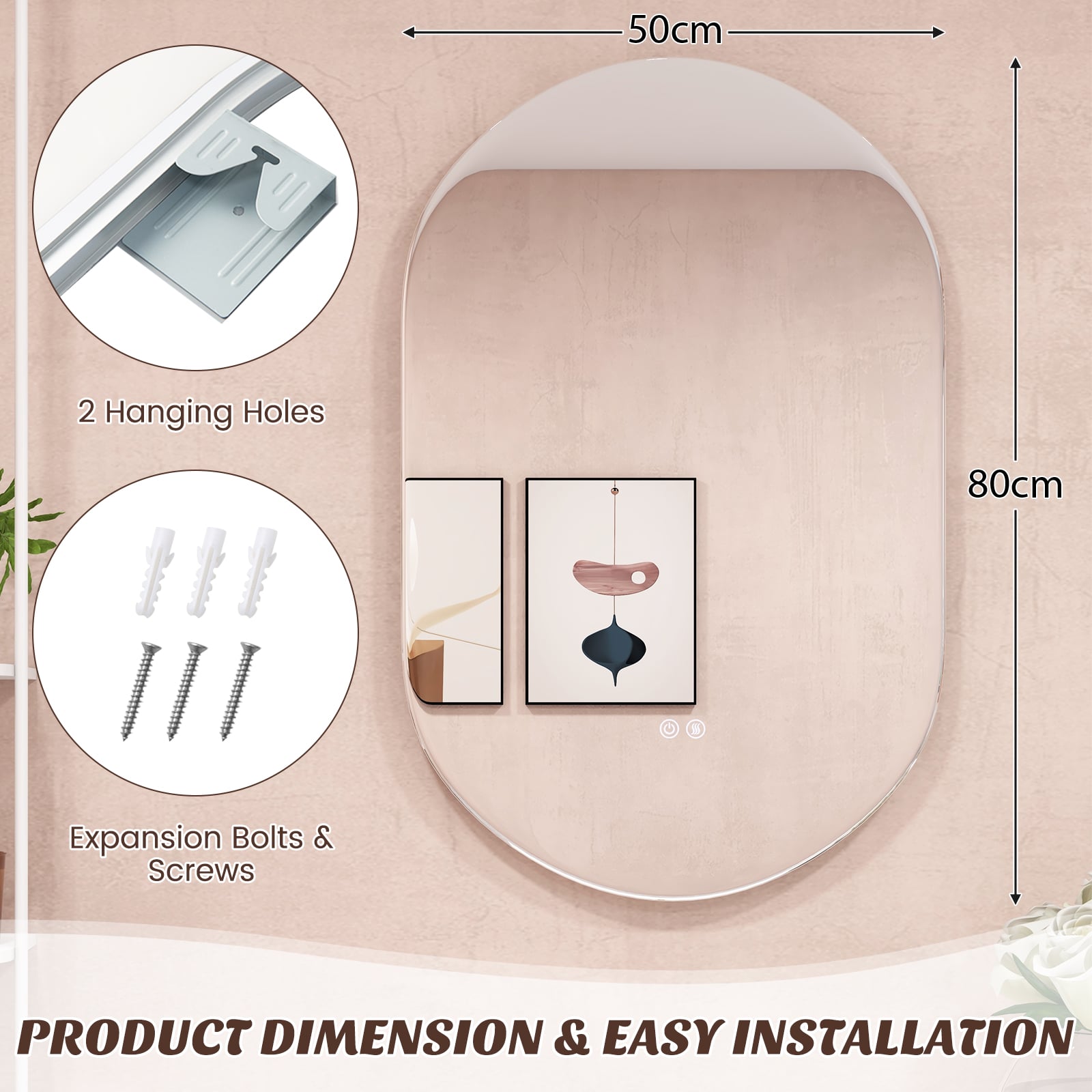80 x 50 CM Oval LED Wall Mirror with Dimmable 3-Color Lights and Smart Touch