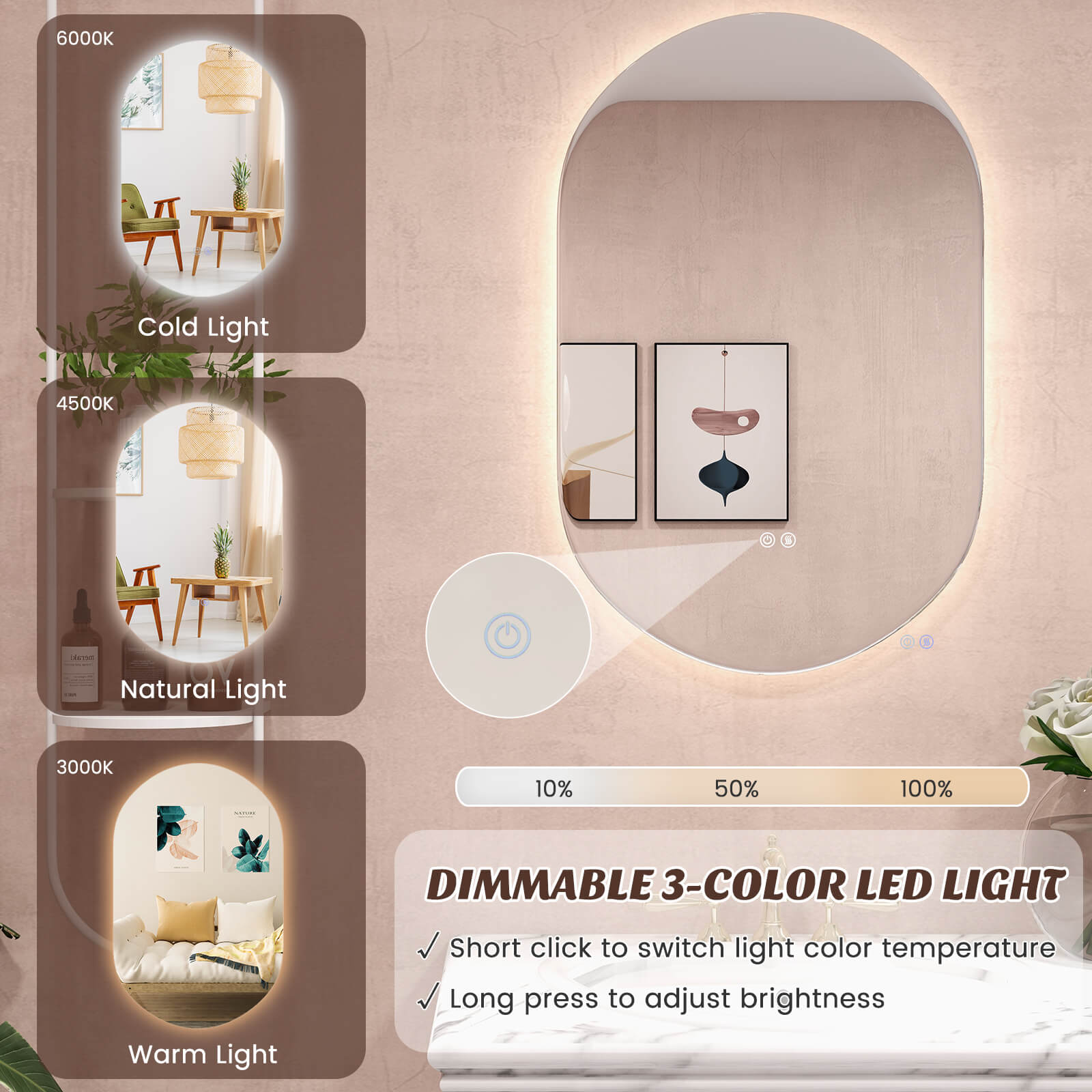 80 x 50 CM Oval LED Wall Mirror with Dimmable 3-Color Lights and Smart Touch